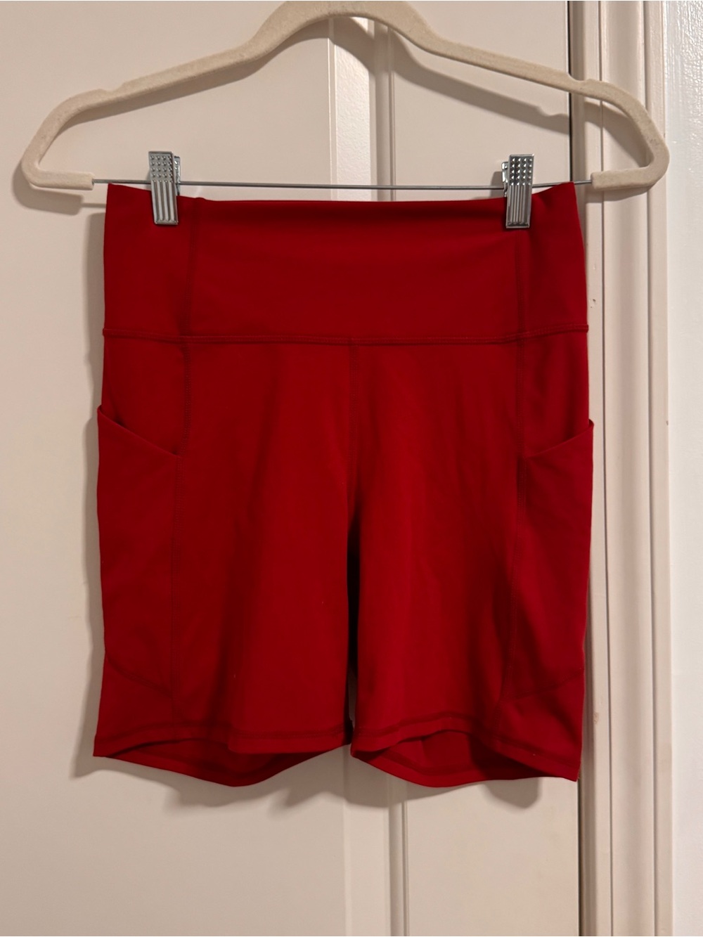 Fabletics Red High-Rise Athletic Bike Shorts with Side Pockets